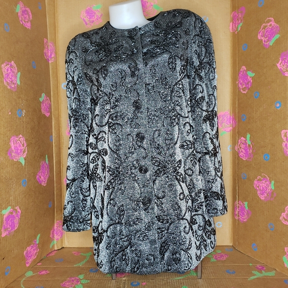 Vintage Carmen Marc Valvo Silver Black Beaded Longline Evening Jacket Blazer 12 - Picture 2 of 9